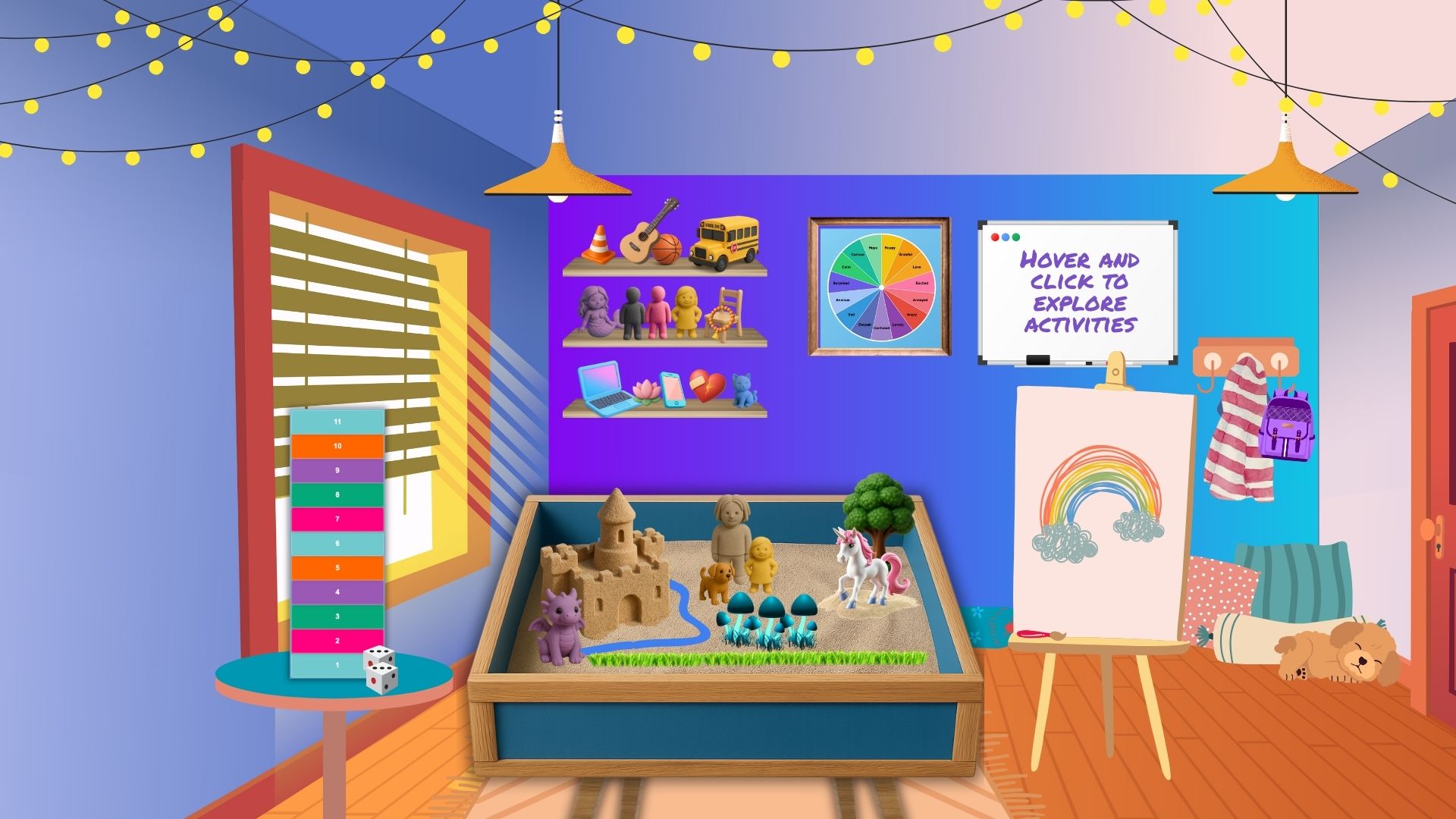 Engage kids with this virtual play therapy room, complete with a sand tray, painting and canvas, and fun Jenga-type games
